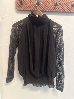 Black Lace Sleeve High-Neck Blouse